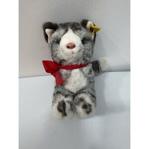Steiff VTG Sissi Tabby Cat Green Eyes Plush Animal Toy 2726/17 Button Red Bow